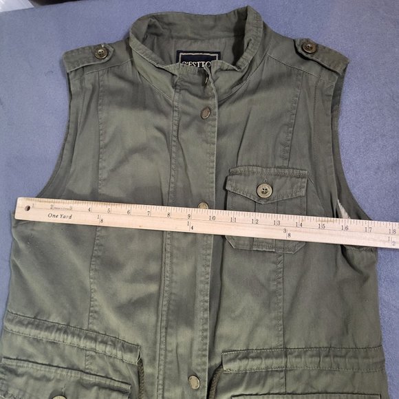 C'ESTTOI Vest Women S Green Fuzzy Lining Cinch Drawstring Waist Zip Snaps Milita - Picture 5 of 11